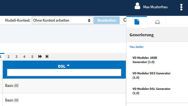 WebModeler Menü rechts öffnen